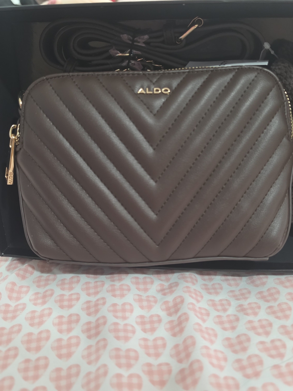 ALDO Brown Chevron Quilted Crossbody Bag with Teddy Bear Charm - NIB